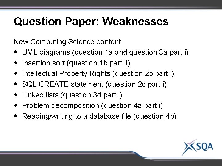 Question Paper: Weaknesses New Computing Science content w UML diagrams (question 1 a and