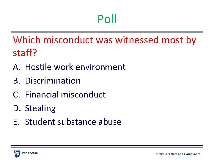 Poll Which misconduct was witnessed most by staff? A. B. C. D. E. Hostile