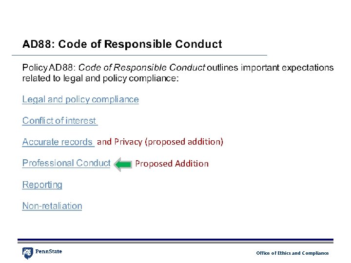 and Privacy (proposed addition) Proposed Addition Office of Ethics and Compliance 