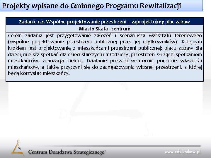 Projekty wpisane do Gminnego Programu Rewitalizacji Zadanie 1. 2. Wspólne projektowanie przestrzeni – zaprojektujmy