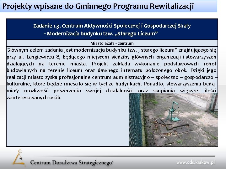 Projekty wpisane do Gminnego Programu Rewitalizacji Zadanie 1. 3. Centrum Aktywności Społecznej i Gospodarczej