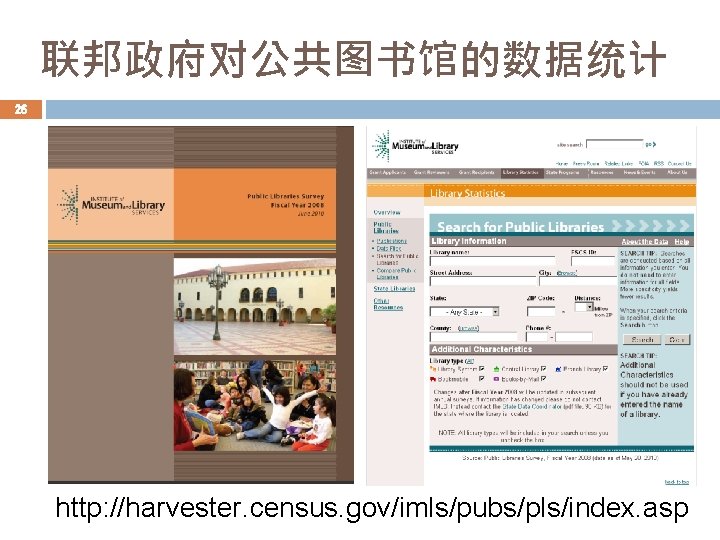 联邦政府对公共图书馆的数据统计 26 http: //harvester. census. gov/imls/pubs/pls/index. asp 