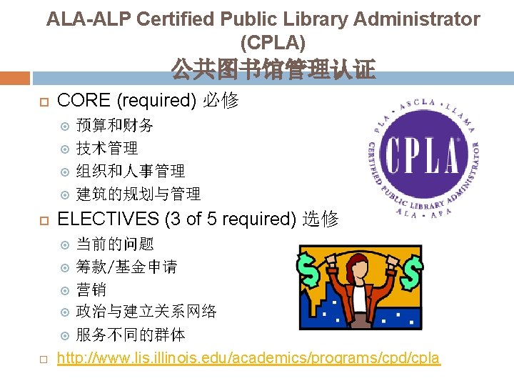 ALA-ALP Certified Public Library Administrator (CPLA) 公共图书馆管理认证 CORE (required) 必修 ELECTIVES (3 of 5