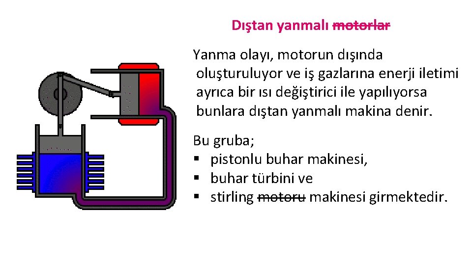 Dıştan yanmalı motorlar Yanma olayı, motorun dışında oluşturuluyor ve iş gazlarına enerji iletimi ayrıca