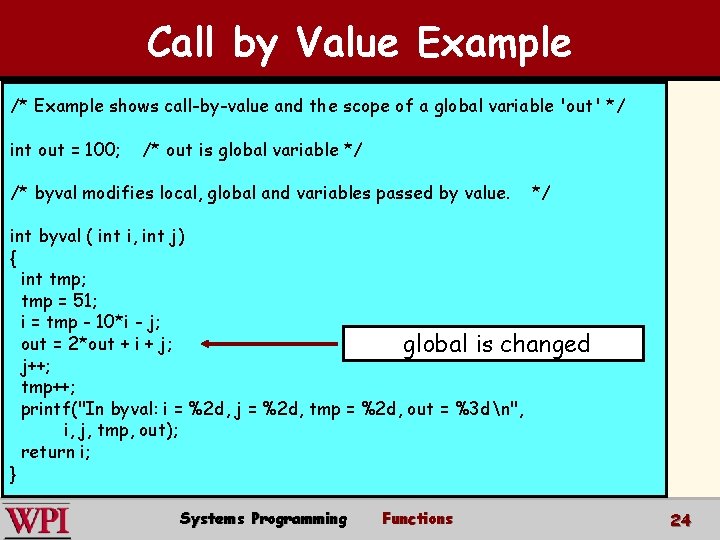 Call by Value Example /* Example shows call-by-value and the scope of a global