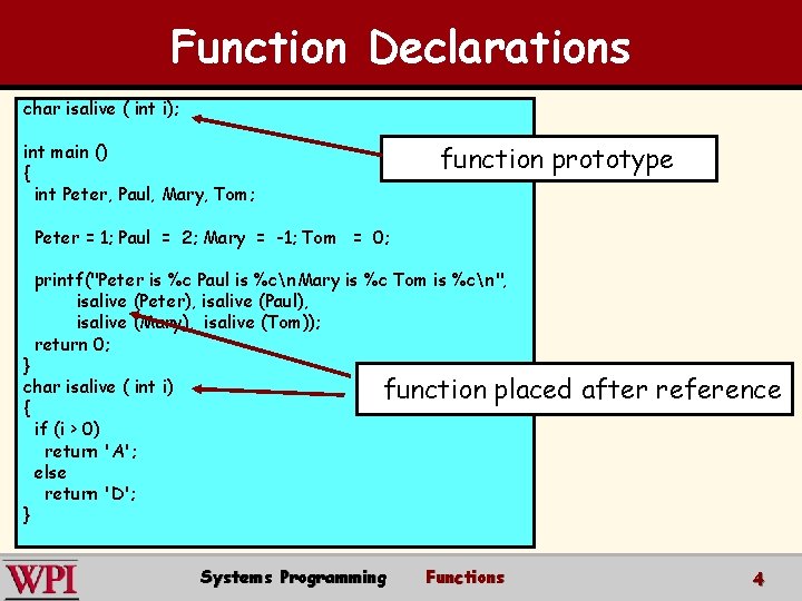 Function Declarations char isalive ( int i); int main () { int Peter, Paul,