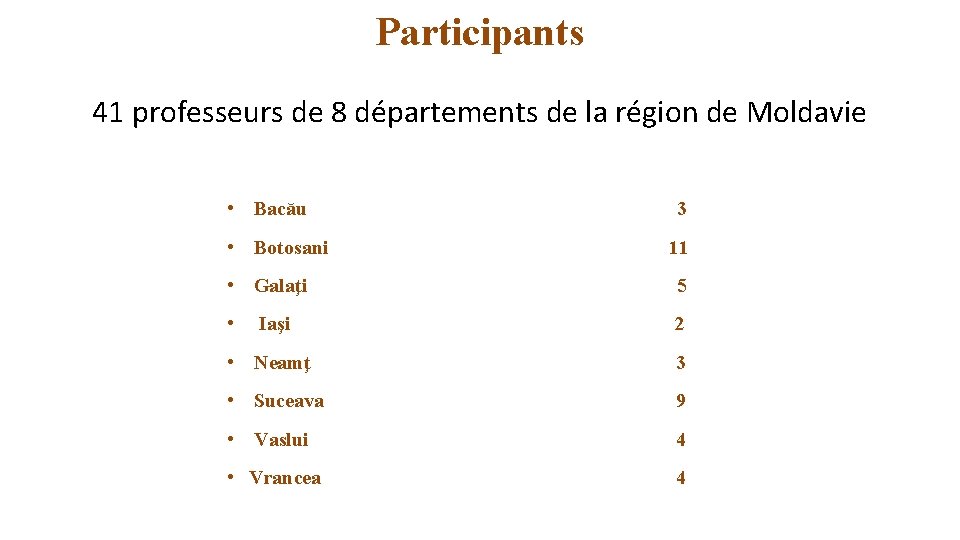 Participants 41 professeurs de 8 départements de la région de Moldavie • Botoşani •