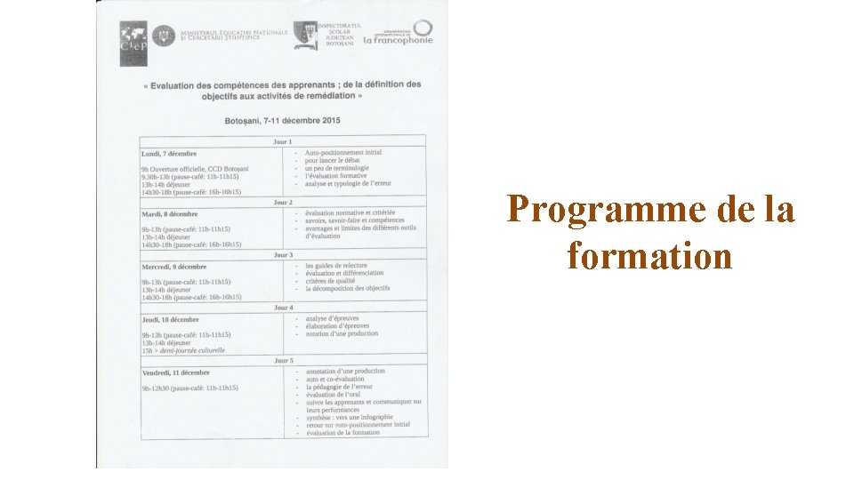 Programme de la formation 