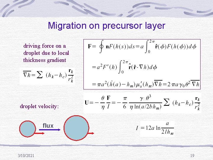 Migration on precursor layer driving force on a droplet due to local thickness gradient
