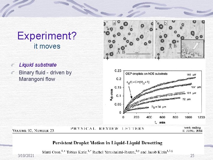 Experiment? it moves Liquid substrate Binary fluid - driven by Marangoni flow 3/10/2021 25