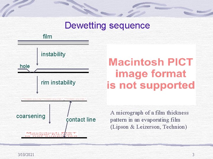 Dewetting sequence film instability hole rim instability coarsening 3/10/2021 contact line A micrograph of