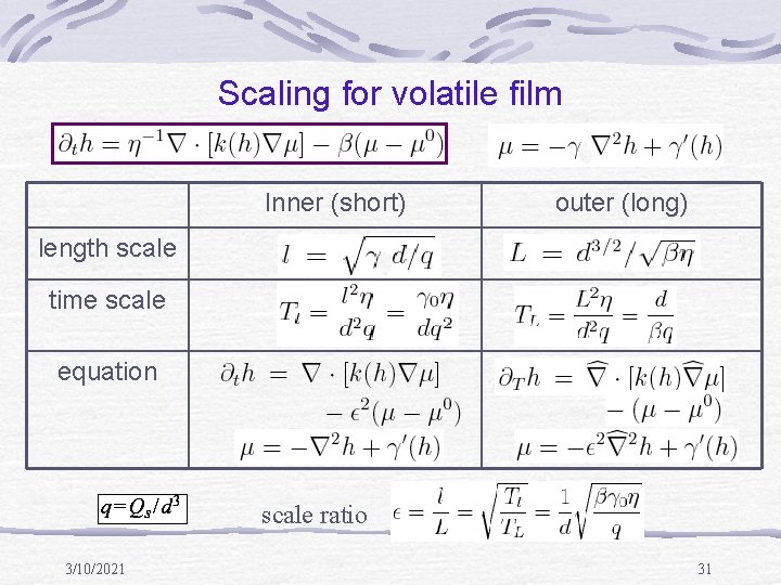 Scaling for volatile film Inner (short) outer (long) length scale time scale equation scale