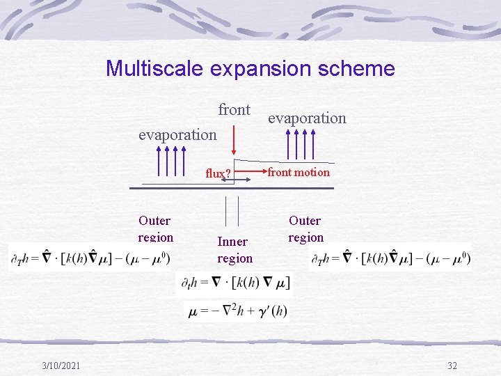 Multiscale expansion scheme front evaporation flux? Outer region 3/10/2021 Inner region evaporation front motion