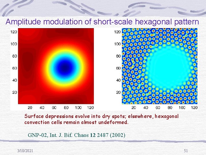 Amplitude modulation of short-scale hexagonal pattern Surface depressions evolve into dry spots; elsewhere, hexagonal