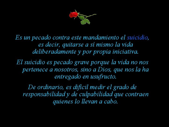 Es un pecado contra este mandamiento el suicidio, es decir, quitarse a sí mismo