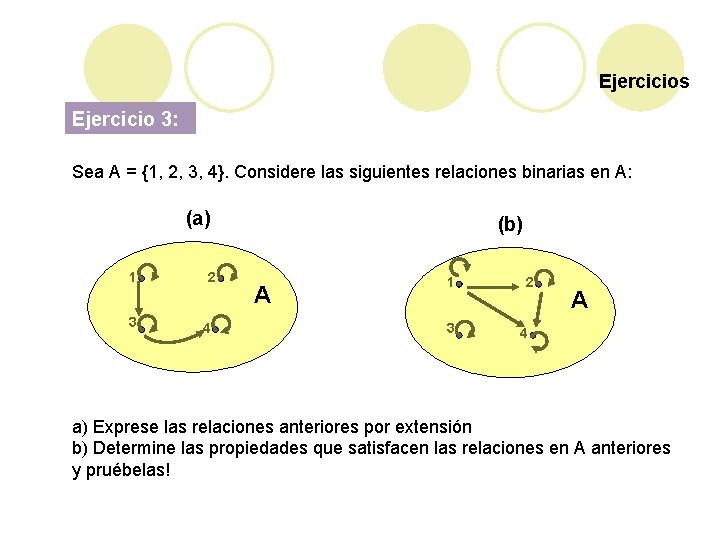 Ejercicios Ejercicio 3: Sea A = {1, 2, 3, 4}. Considere las siguientes relaciones