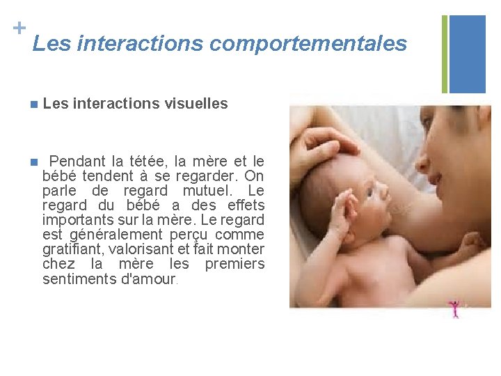 + Les interactions comportementales n Les interactions visuelles n Pendant la tétée, la mère