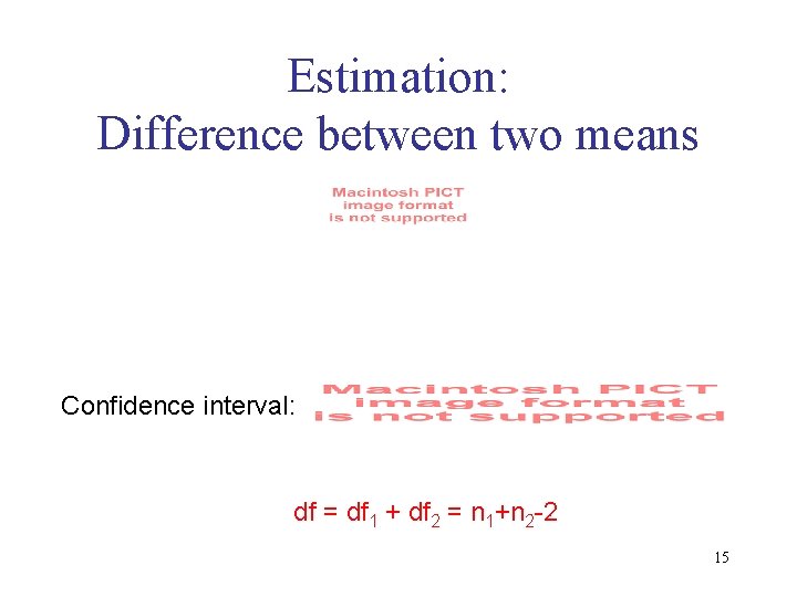Estimation: Difference between two means Confidence interval: df = df 1 + df 2