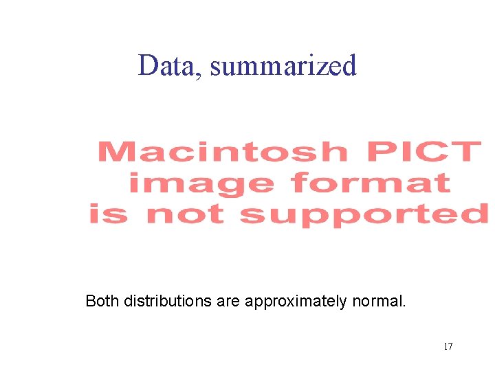 Data, summarized Both distributions are approximately normal. 17 