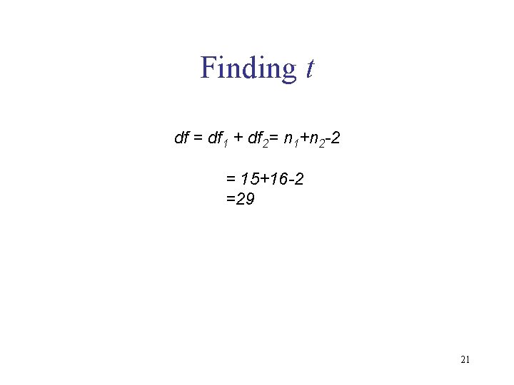 Finding t df = df 1 + df 2= n 1+n 2 -2 =