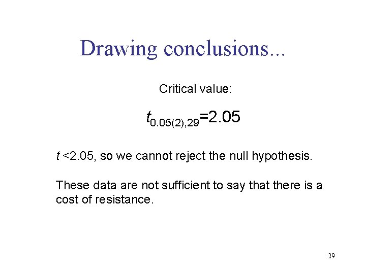 Drawing conclusions. . . Critical value: t 0. 05(2), 29=2. 05 t <2. 05,