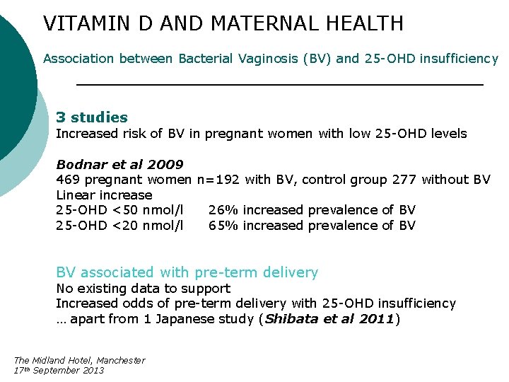 VITAMIN D AND MATERNAL HEALTH Association between Bacterial Vaginosis (BV) and 25 -OHD insufficiency