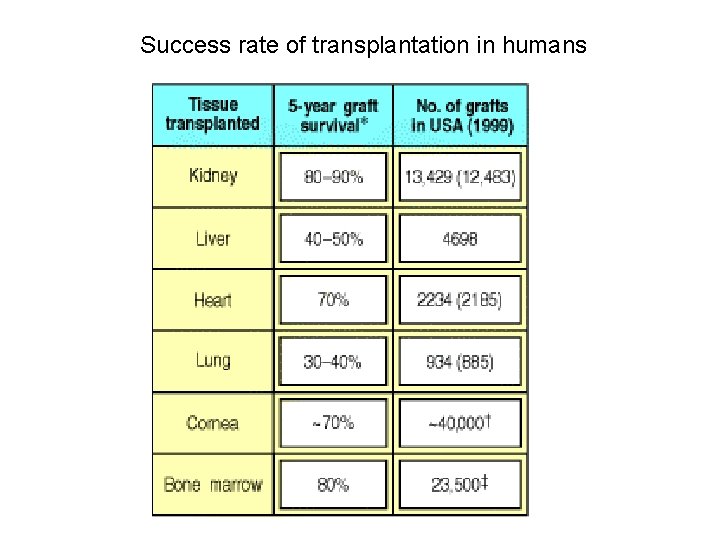 Success rate of transplantation in humans 