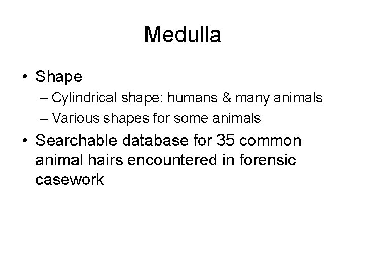 Medulla • Shape – Cylindrical shape: humans & many animals – Various shapes for