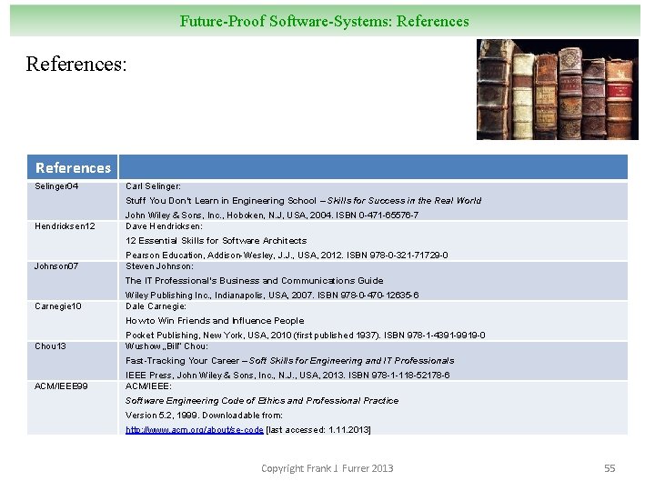 Future-Proof Software-Systems: References: References Selinger 04 Carl Selinger: Stuff You Don’t Learn in Engineering