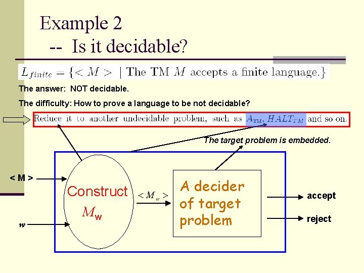 Example 2 -- Is it decidable? The answer: NOT decidable. The difficulty: How to