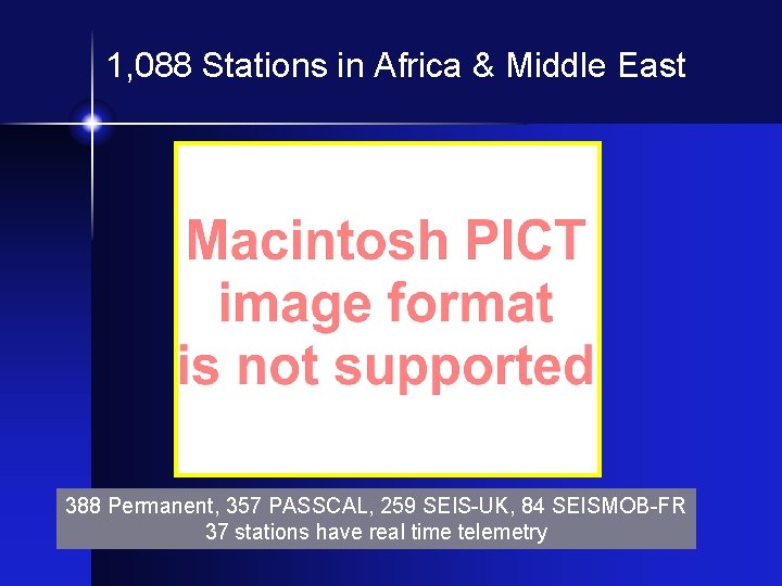 1, 088 Stations in Africa & Middle East 388 Permanent, 357 PASSCAL, 259 SEIS-UK,