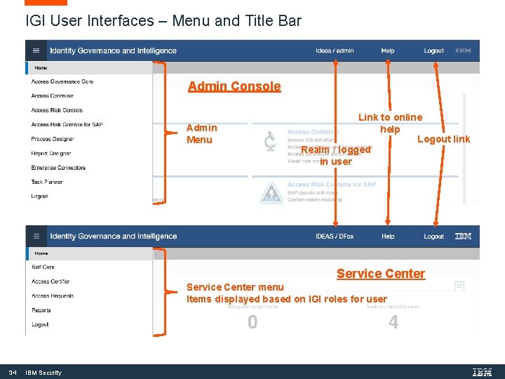 IGI User Interfaces – Menu and Title Bar Admin Console Admin Menu Link to