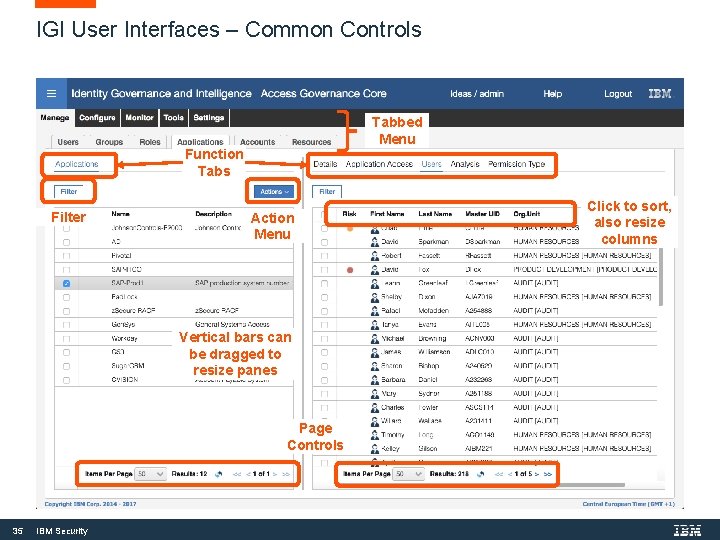 IGI User Interfaces – Common Controls Tabbed Menu Function Tabs Filter Action Menu Vertical