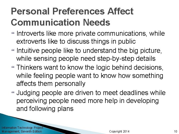 Personal Preferences Affect Communication Needs Introverts like more private communications, while extroverts like to