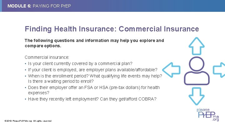 MODULE 6: PAYING FOR Pr. EP Finding Health Insurance: Commercial Insurance The following questions