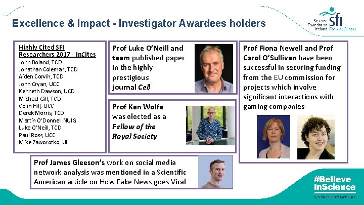 Excellence & Impact - Investigator Awardees holders Highly Cited SFI Researchers 2017 - In.