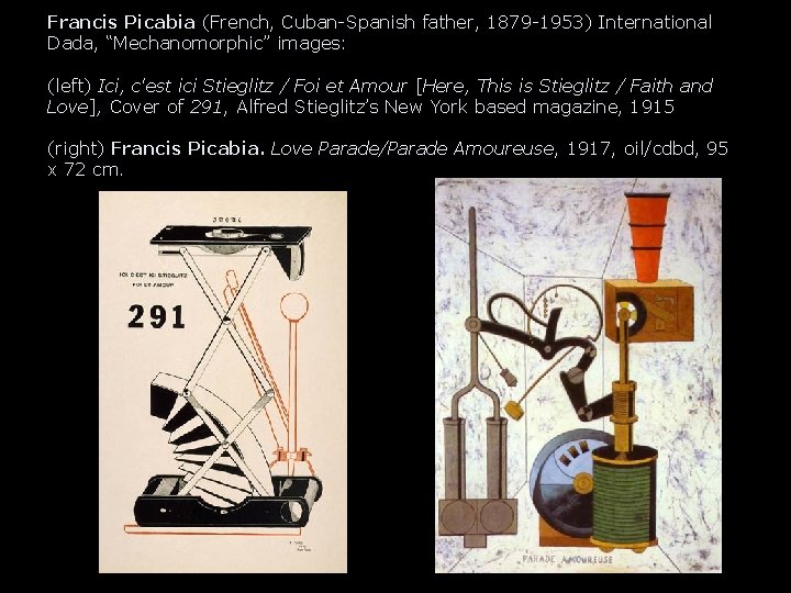 Francis Picabia (French, Cuban-Spanish father, 1879 -1953) International Dada, “Mechanomorphic” images: (left) Ici, c'est