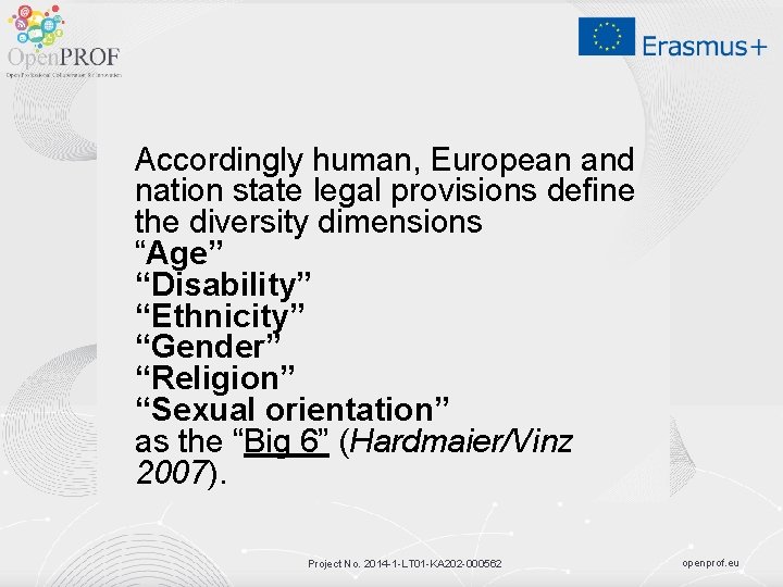 Accordingly human, European and nation state legal provisions define the diversity dimensions “Age” “Disability”