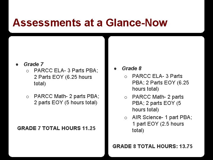 Assessments at a Glance-Now ● Grade 7 o PARCC ELA- 3 Parts PBA; 2