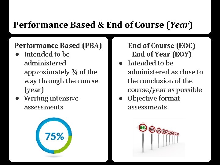 Performance Based & End of Course (Year) Performance Based (PBA) ● Intended to be