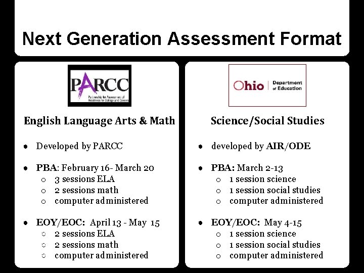 Next Generation Assessment Format English Language Arts & Math Science/Social Studies ● Developed by