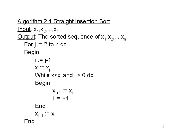 Algorithm 2. 1 Straight Insertion Sort Input: x 1, x 2, . . .