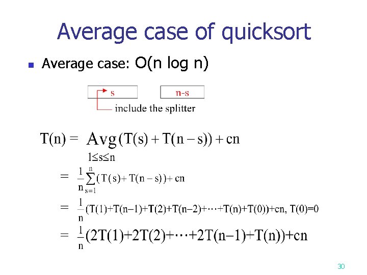 Average case of quicksort n Average case: O(n log n) 30 