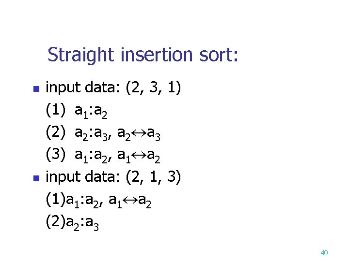 Straight insertion sort: n n input data: (2, 3, 1) (1) a 1: a