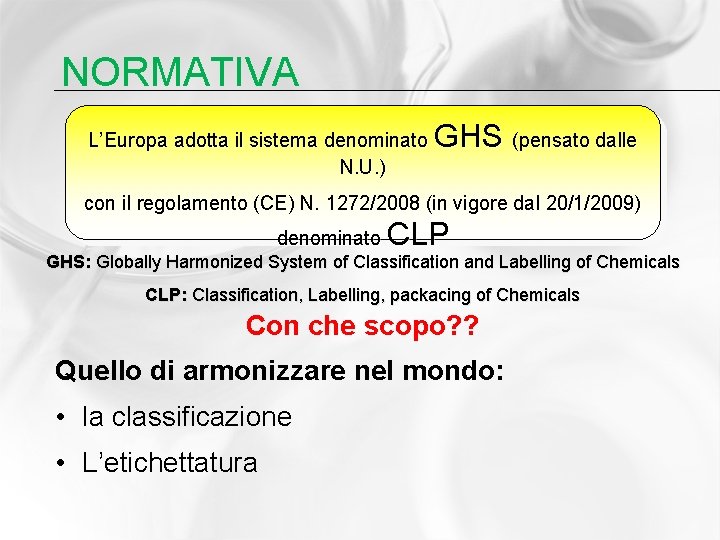 NORMATIVA L’Europa adotta il sistema denominato N. U. ) GHS (pensato dalle con il