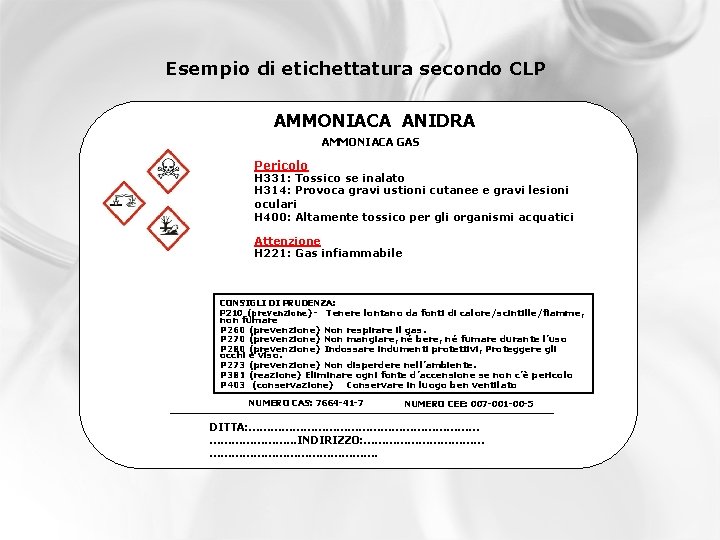 Esempio di etichettatura secondo CLP AMMONIACA ANIDRA AMMONIACA GAS Pericolo H 331: Tossico se