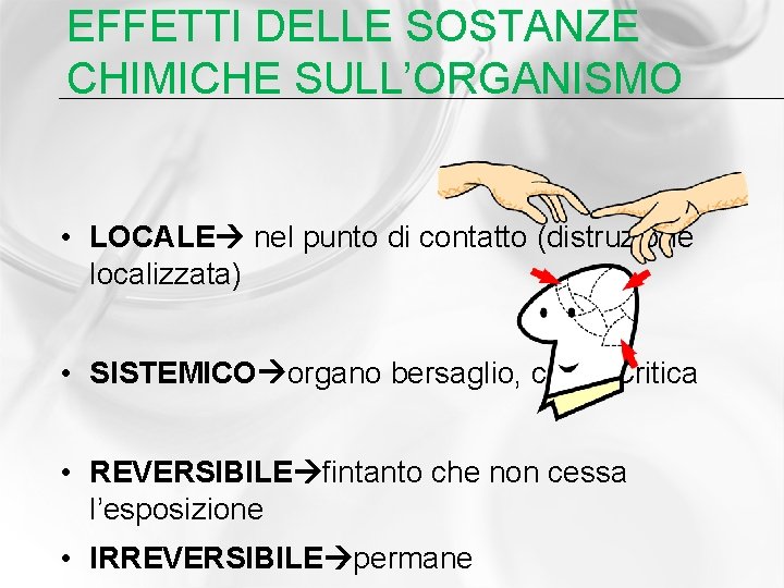 EFFETTI DELLE SOSTANZE CHIMICHE SULL’ORGANISMO • LOCALE nel punto di contatto (distruzione localizzata) •