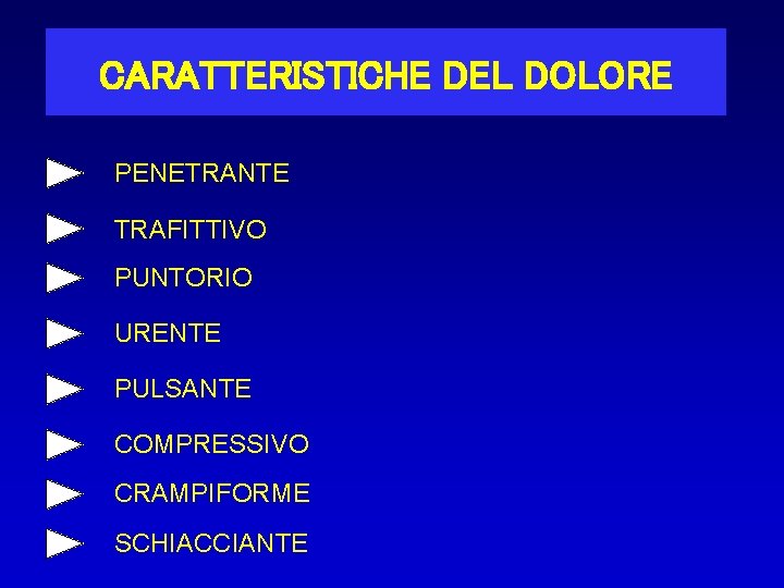 CARATTERISTICHE DEL DOLORE PENETRANTE TRAFITTIVO PUNTORIO URENTE PULSANTE COMPRESSIVO CRAMPIFORME SCHIACCIANTE 