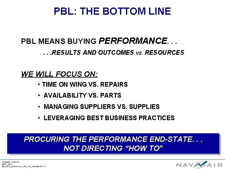 PBL: THE BOTTOM LINE PBL MEANS BUYING PERFORMANCE. . . RESULTS AND OUTCOMES VS.