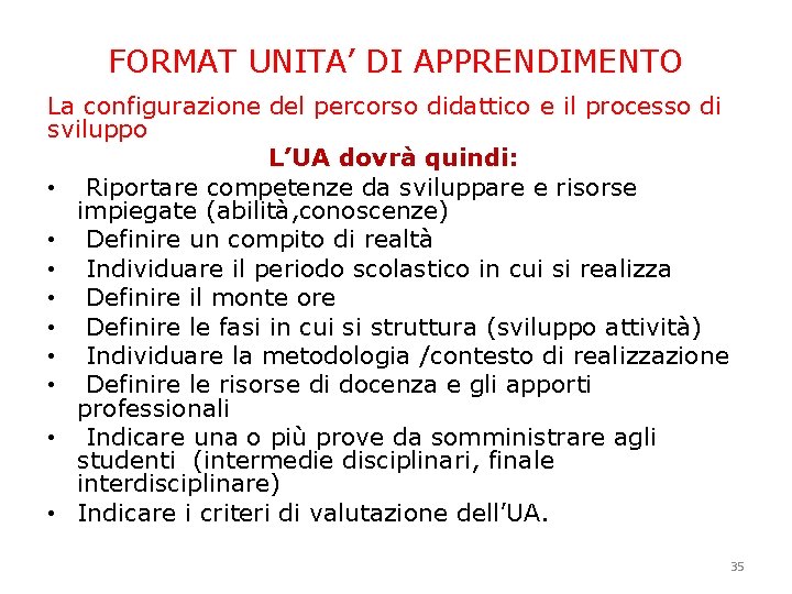 FORMAT UNITA’ DI APPRENDIMENTO La configurazione del percorso didattico e il processo di sviluppo